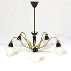 Vintage kroonluchter met 5 lampen van opaline glas & messing, Ophalen of Verzenden, Zo goed als nieuw, Glas, Vintage