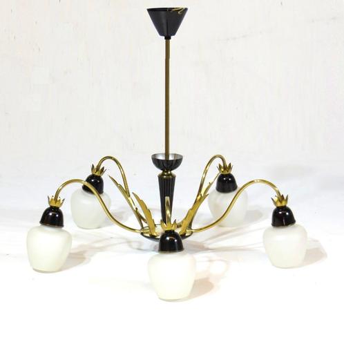Vintage kroonluchter met 5 lampen van opaline glas & messing, Huis en Inrichting, Lampen | Kroonluchters, Zo goed als nieuw, Glas