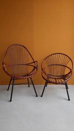 Vintage rotan set, 2 fauteuils, rotan stoeltjes, Riet of Rotan, Vintage retro jaren vijftig, Twee, Gebruikt