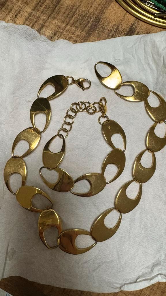 Gouden Ketting en Armband Set, Sieraden, Tassen en Uiterlijk, Armbanden, Gebruikt, Staal, Goud, Ophalen of Verzenden