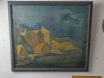 Oud schilderij abstracte huizen gesigneerd, Antiek en Kunst, Kunst | Schilderijen | Klassiek, Ophalen of Verzenden