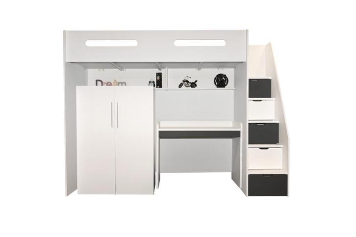 Options hoogslaper met bureau en kledingkast - 90x200 - Wit/, Huis en Inrichting, Slaapkamer | Stapelbedden en Hoogslapers