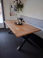 Eetkamertafel eiken houten blad stalen poten x zwart, Ophalen, 100 tot 150 cm, 200 cm of meer, Zo goed als nieuw