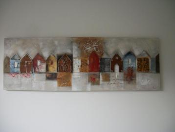 -Schilderij Huisjes - Bruin Rood Beige - 150 x 50 - Nieuw beschikbaar voor biedingen