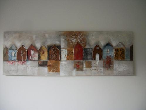 -Schilderij Huisjes - Bruin Rood Beige - 150 x 50 - Nieuw, Antiek en Kunst, Kunst | Schilderijen | Abstract, Ophalen