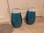 Mooie vaas van Coco Maison petrol blauw met witte rand, Blauw, Ophalen of Verzenden, Minder dan 50 cm, Glas