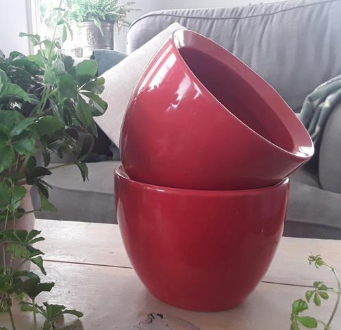 2 rode / roodroze geglazuurde bloempotten, Tuin en Terras, Bloempotten, Zo goed als nieuw, Aardewerk, Binnen, Minder dan 40 cm