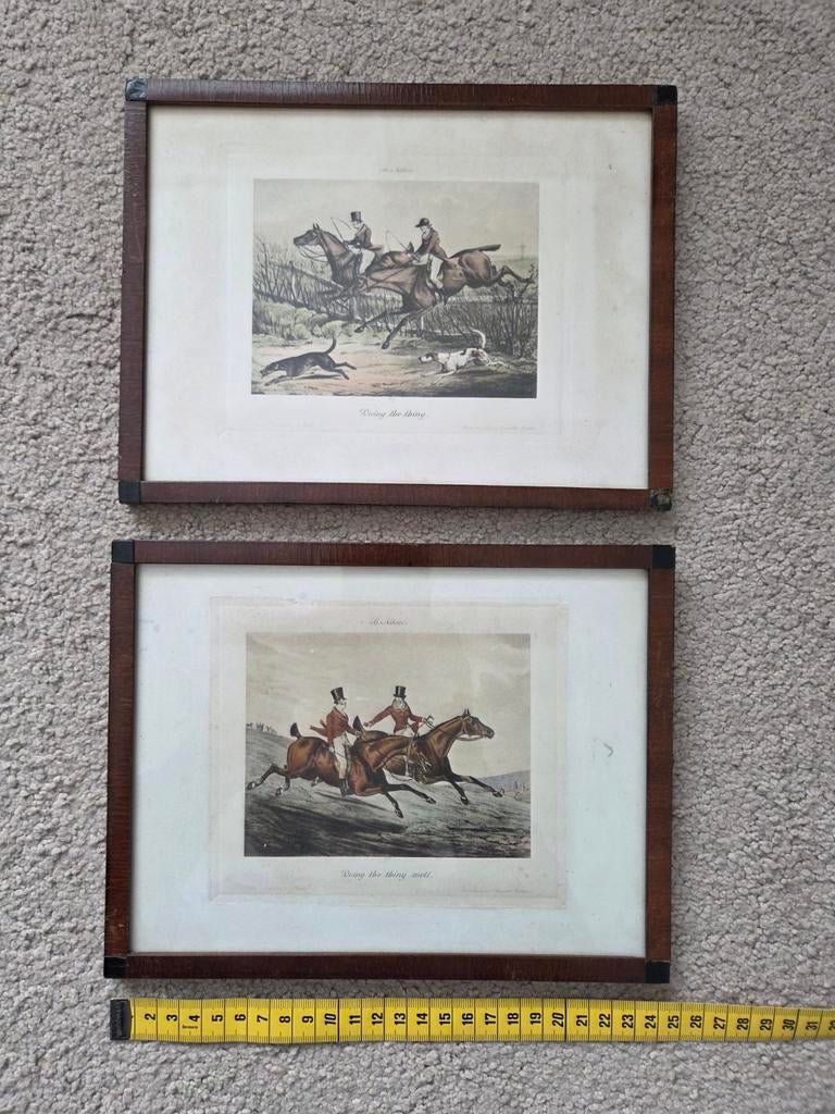 Twee Jachtprenten met Paarden - 24x19cm, Antiek en Kunst, Kunst | Etsen en Gravures, Ophalen of Verzenden