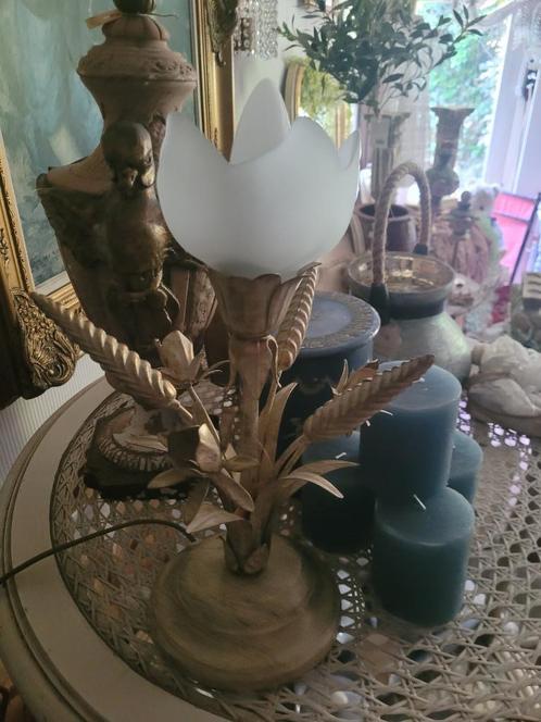 Vintage metalen tafellamp foto 1 t/m 6, Huis en Inrichting, Lampen | Tafellampen, Zo goed als nieuw, Minder dan 50 cm, Glas, Metaal