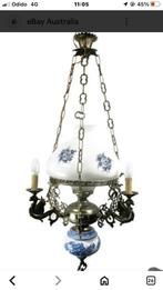 Gotische Draken Delfts Blauw Wit Porseleinen Kroonluchter., Ophalen, Zo goed als nieuw, Glas