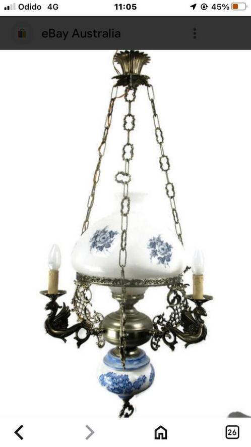 Gotische Draken Delfts Blauw Wit Porseleinen Kroonluchter., Huis en Inrichting, Lampen | Kroonluchters, Zo goed als nieuw, Glas
