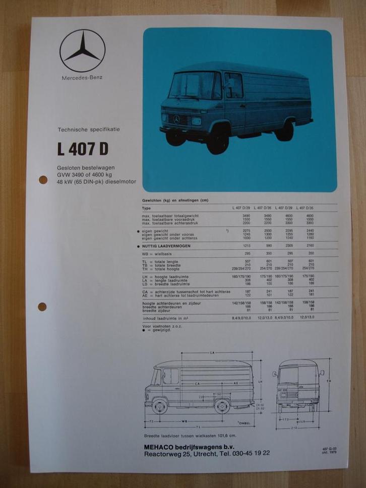 Mercedes 407D Technische Specificatie folder 1979 BG – 407 D, Boeken, Auto's | Folders en Tijdschriften, Zo goed als nieuw, Mercedes