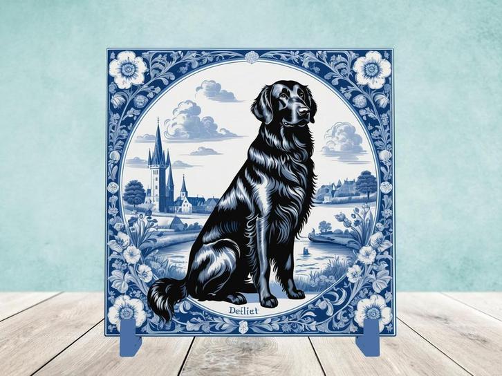 Flatcoated Retriever Delfts Blauwe tegel incl houder, Huis en Inrichting, Woonaccessoires | Overige, Nieuw, Ophalen of Verzenden