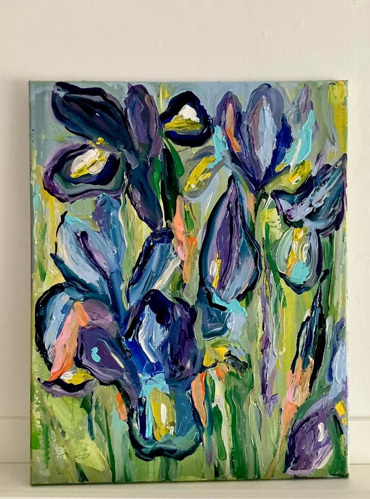 Iris ~ bloemen origineel schilderij  ~ atelier, Ophalen of Verzenden, Nieuw, Schilderij, 75 cm of meer
