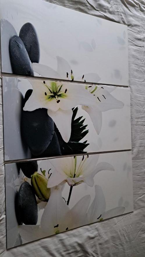Canvas Schilderijen - Lelies & Stenen (3-delig), Huis en Inrichting, Woonaccessoires | Schilderijen, Tekeningen en Foto's, Zo goed als nieuw
