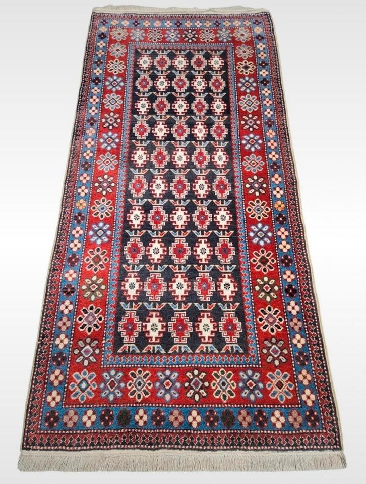 Handmade Persian wol Shirvan loper Kaukas red blue 92x185cm, Huis en Inrichting, Stoffering | Tapijten en Kleden, Gebruikt, 50 tot 100 cm