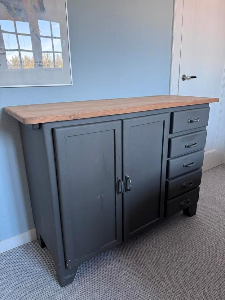 Brocant dressoir/ladekast/commode - grijs/hout, Huis en Inrichting, Kasten | Dressoirs, Gebruikt, 100 tot 150 cm, 25 tot 50 cm