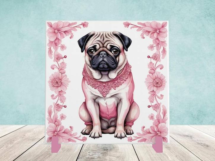 Mopshond Delfts Roze tegel incl houder, Huis en Inrichting, Woonaccessoires | Overige, Nieuw, Ophalen of Verzenden