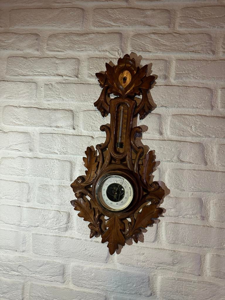 Houtgesneden barometer antiek vintage (merk onbekend), Ophalen, Zo goed als nieuw, Binnenthermometer