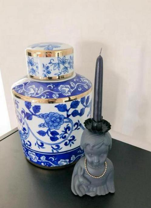 Dekselpot met blauwe bloemen en gouden rand, nieuw!, Huis en Inrichting, Woonaccessoires | Vazen, Nieuw, Blauw, Minder dan 50 cm