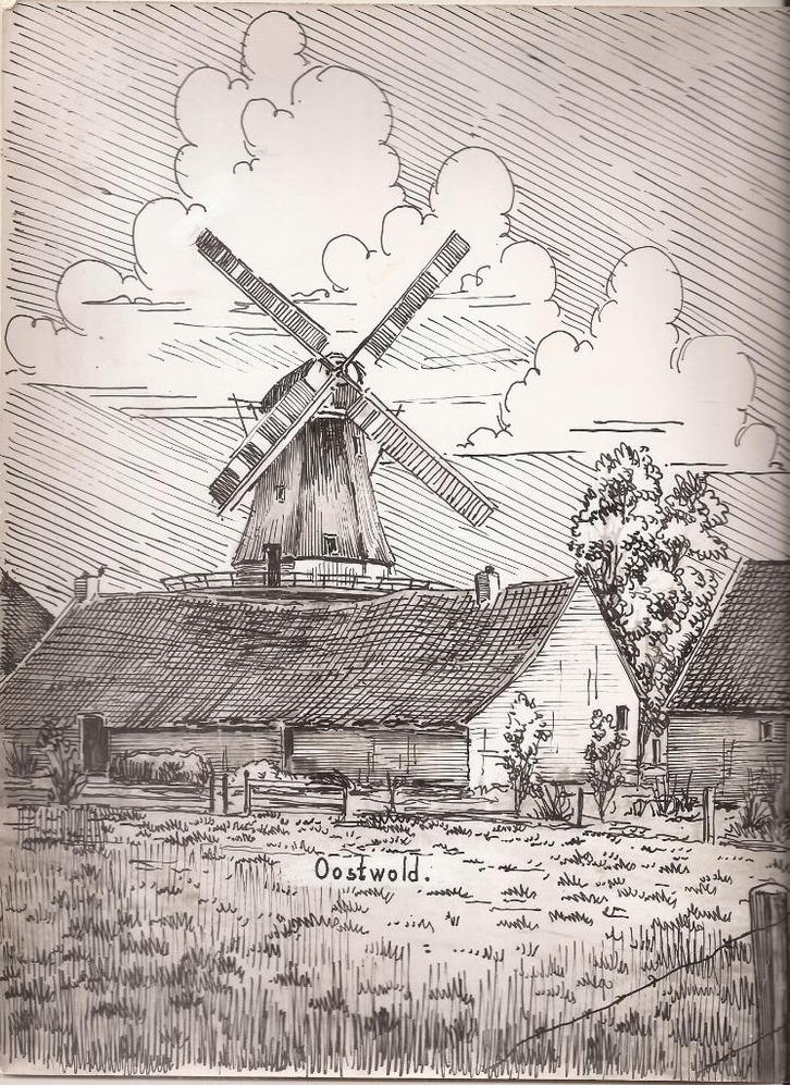 Oostwold Molen tekening Sievers 50/60er jaren, Antiek en Kunst, Kunst | Tekeningen en Foto's, Ophalen of Verzenden