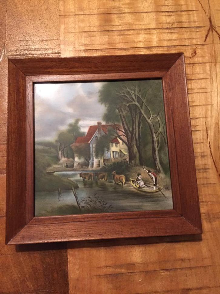 Schilderij met landschap en figuren in lijst, Antiek en Kunst, Antiek | Wandborden en Tegels, Ophalen of Verzenden