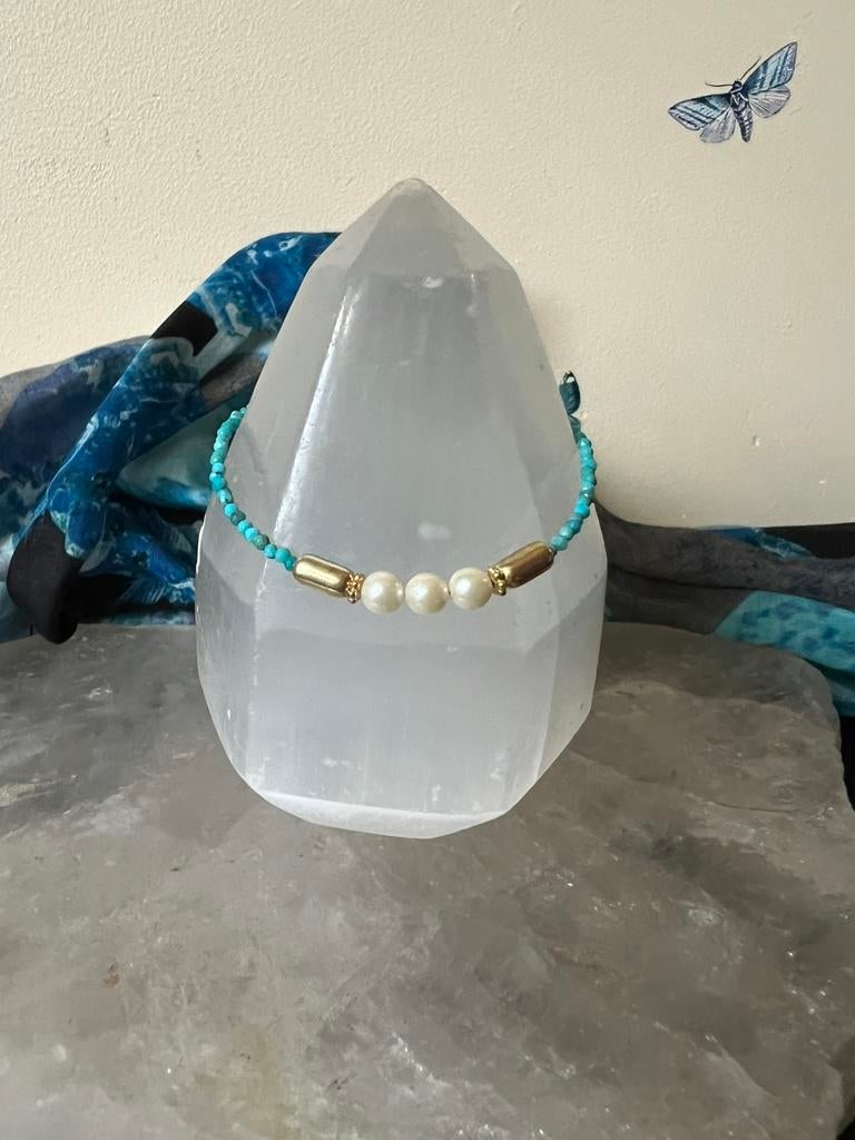 Turkoois turquoise Arizona AKOYA zoutwater parel geluk uniek, Blauw, Ophalen of Verzenden, Zo goed als nieuw, Met bedels of kralen