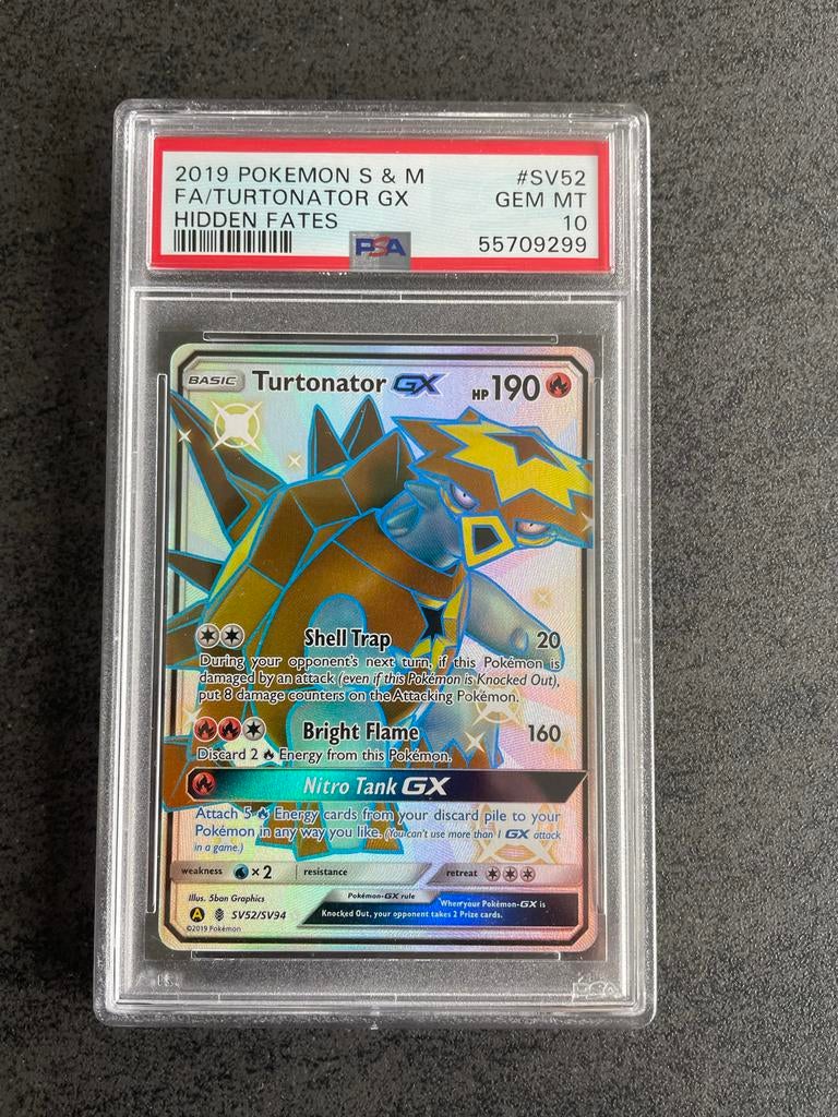 PSA 10 Turtonator GX SV52/SV94 Hidden Fates Pokémon Kaart, Ophalen of Verzenden, Nieuw, Losse kaart, Foil