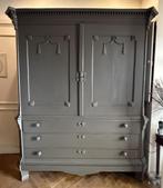 Groot antiek kabinet, vintage kast, servieskast taupe VdlM, Huis en Inrichting, Ophalen, Oude kabinetkast, brocante buffetkast, demontabel, donkertaupe