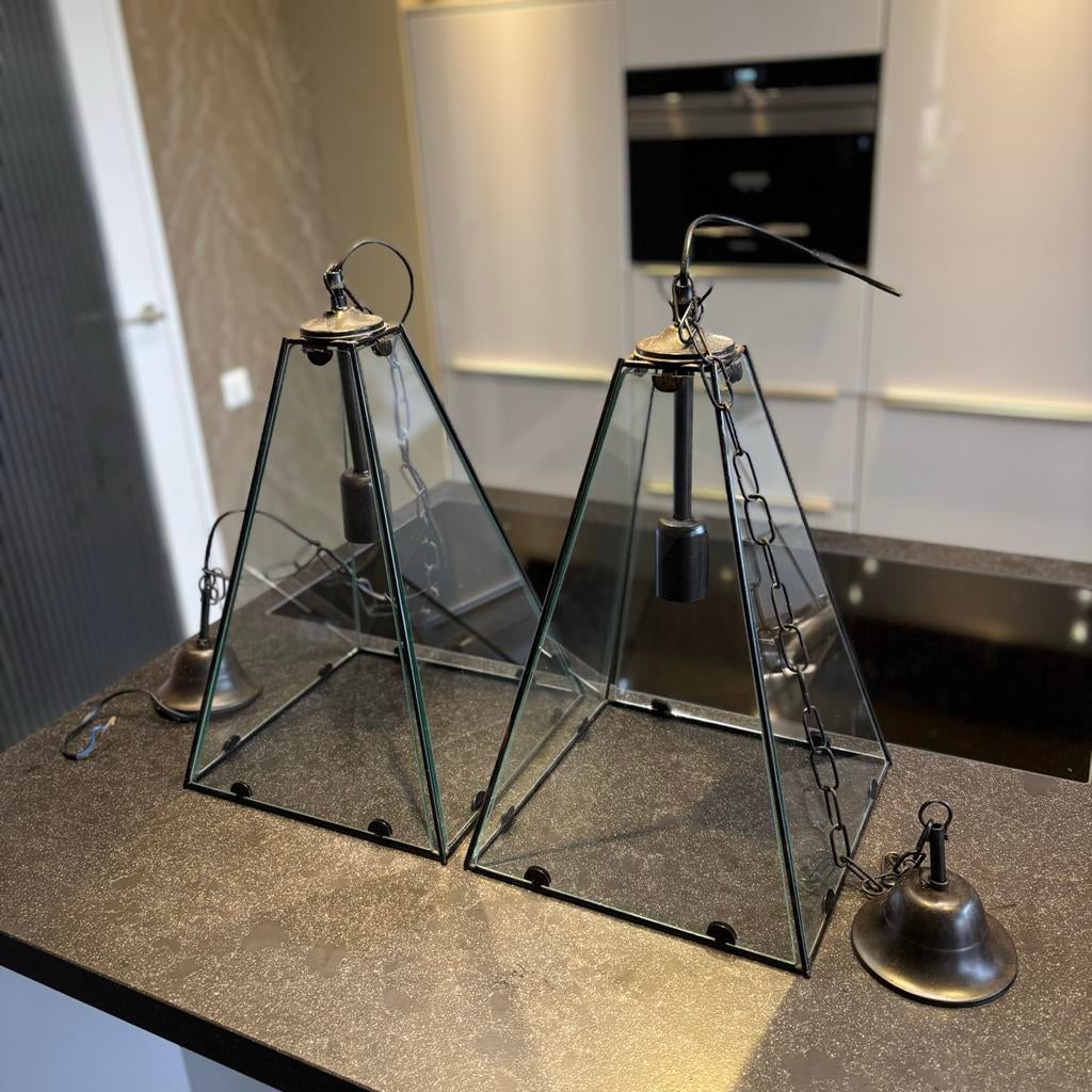 Twee sfeervolle hanglampen of windlichten, Huis en Inrichting, Ophalen, Gebruikt, Glas, Minder dan 50 cm