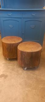 Donkerbruine stoere boomstamtafels, Ophalen, Minder dan 50 cm, ., Rond