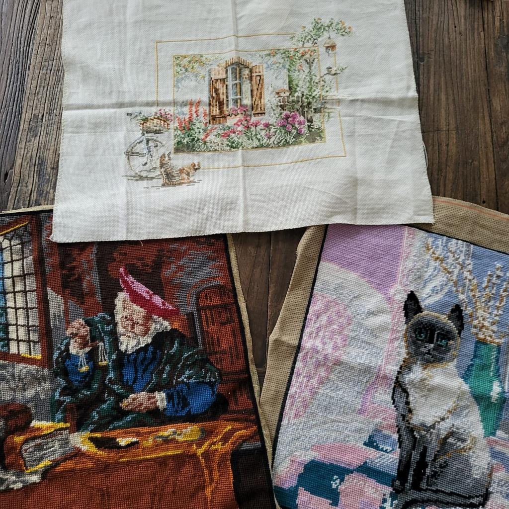 3 unieke borduurwerken:  goudweger, kat, etc, Ophalen of Verzenden, Gebruikt, Handborduren, Overige typen