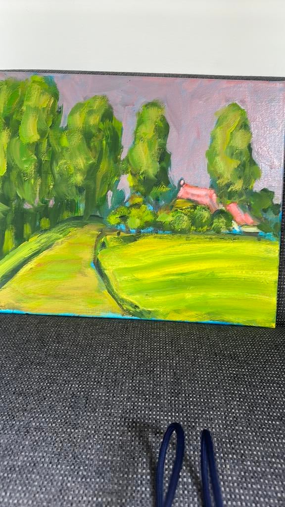 Olieverf schilderij boerderij met bomenweg Wim vsn der Veer, Ophalen of Verzenden