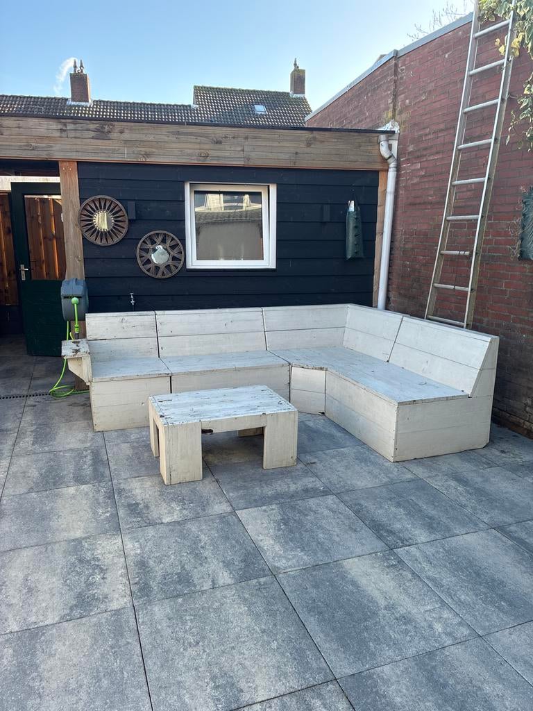 Steigerhout lounge/tuinbank met tafel en opbergruimte, Gebruikt, Meer dan 8 zitplaatsen, Steigerhout, Ophalen of Verzenden