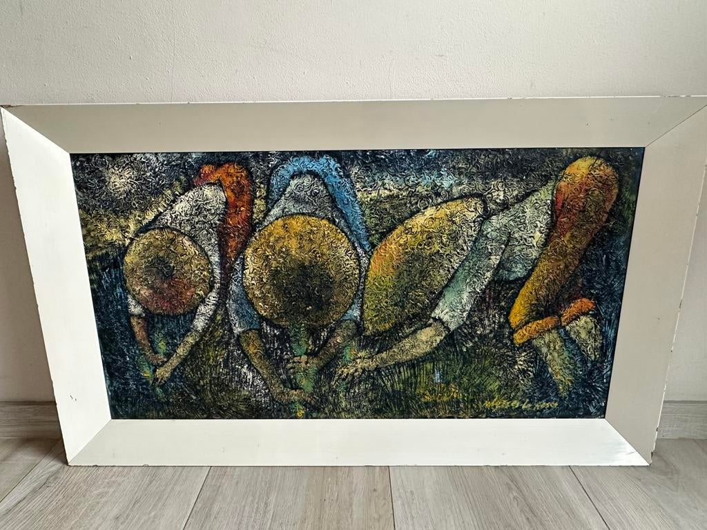 Groot vintage Aziatisch relief schilderij Rijstplukkers, Antiek en Kunst, Ophalen of Verzenden