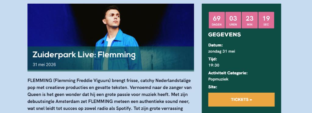 Flemming concert tickets Zuiderpark 19.30, Twee personen, Mei