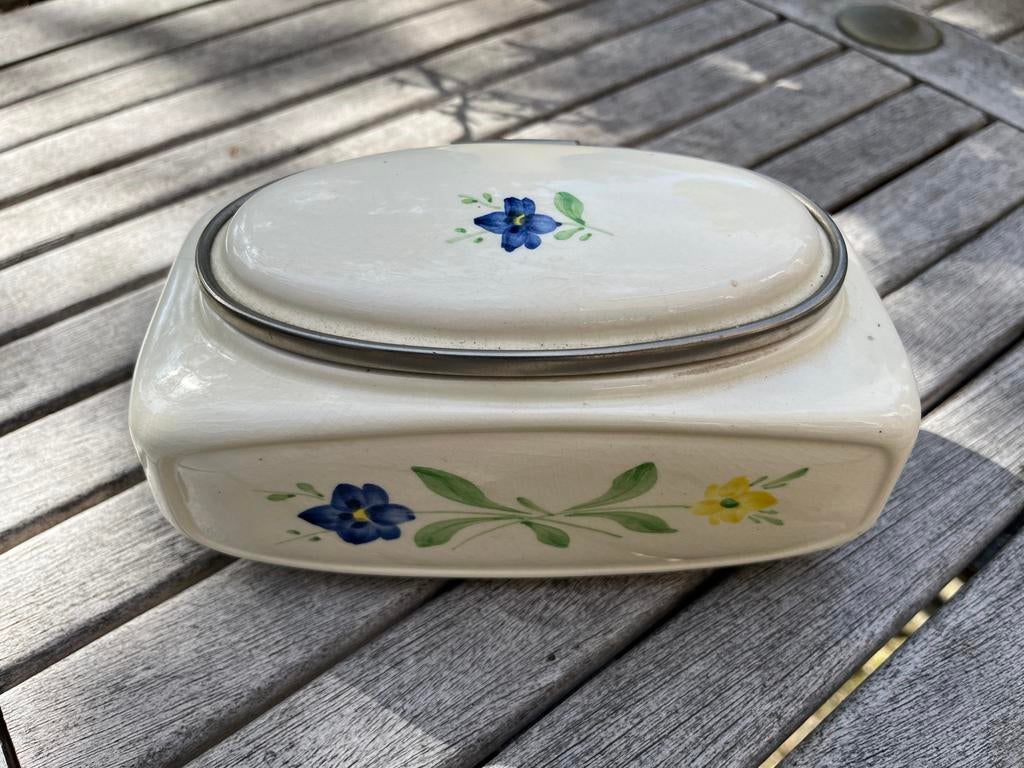 Vintage gave stenen koekjestrommel met bloemendecoratie, Ophalen of Verzenden