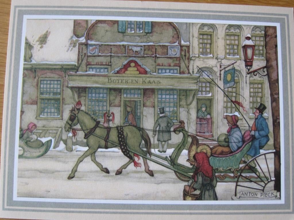 Anton Pieck prentje - in de arrenslee langs Boter en Kaas, 1980 tot heden, Ophalen of Verzenden, Zo goed als nieuw, Prent