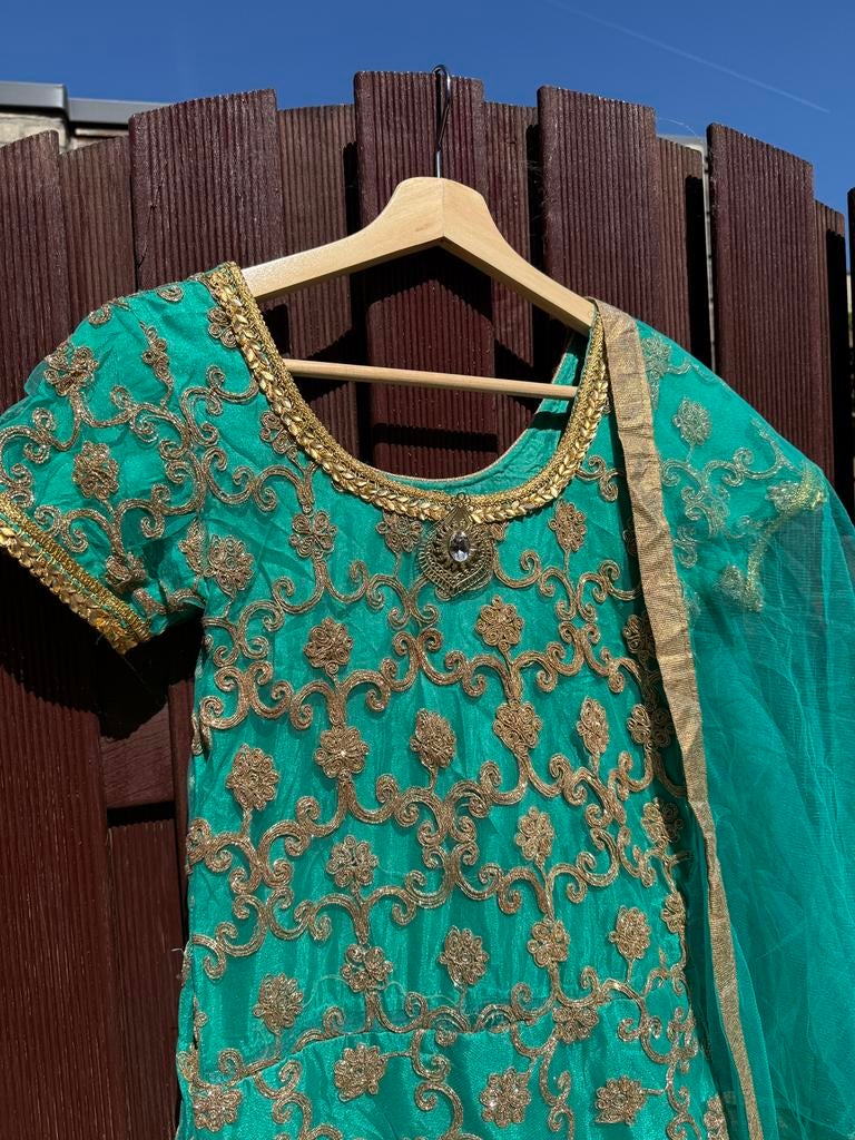 Turqoise anarkali/Indiase Jurk, Ophalen of Verzenden, Zo goed als nieuw, Maat 34 (XS) of kleiner, Overige kleuren