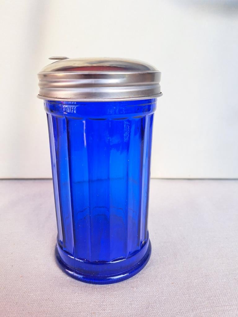 Vintage Kobaltblauwe Geribbelde Glazen Suikerstrooier, Ophalen of Verzenden