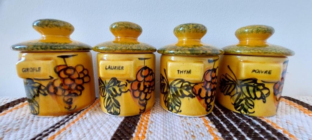 4 vintage keramische okergeel kruidenpotjes pot kruiden, Eu, Gebruikt, Eu, Ophalen of Verzenden