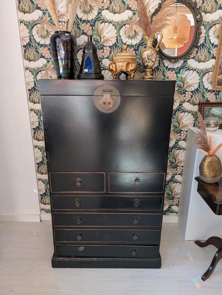 Chinese Zwarte Ladekast met Klep, Huis en Inrichting, Kasten | Ladekasten, Zo goed als nieuw, 100 tot 150 cm, 50 tot 100 cm, 25 tot 50 cm