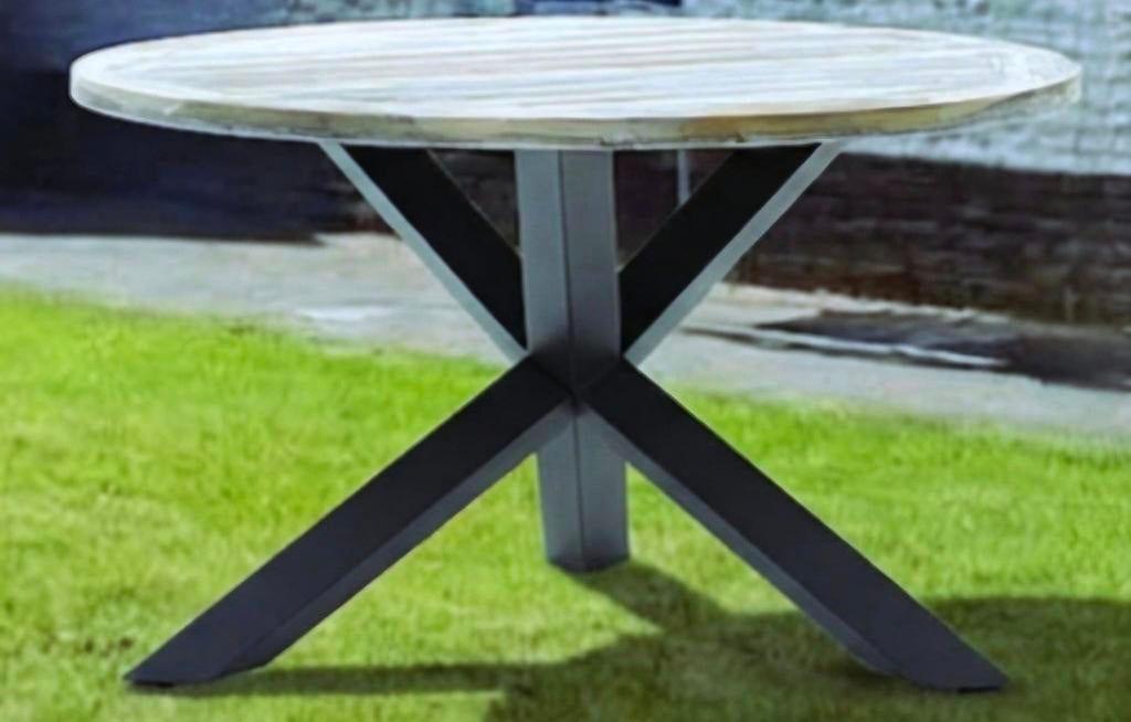 Ronde tuintafel teak/aluminium 120cm, Ophalen, Gebruikt, Rond, Teakhout