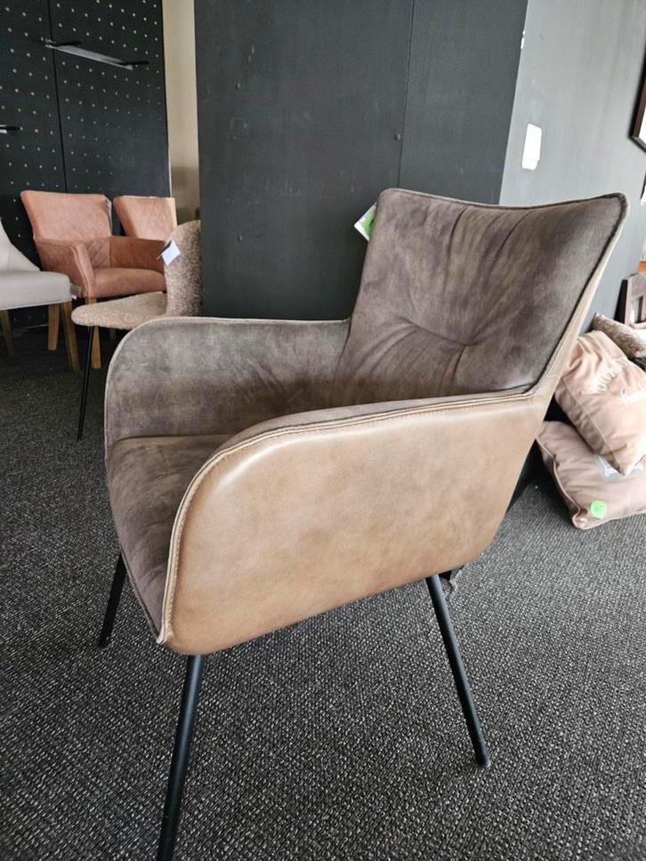 Stoel TITI leer met velours groen opruiming, Huis en Inrichting, Stoelen, Nieuw, Eén, Leer, Stof, Overige kleuren, Ophalen of Verzenden