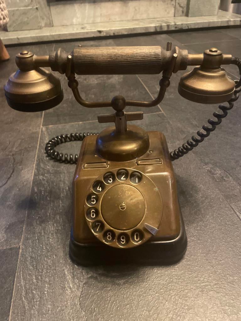 Antieke koperen telefoon met draaischijf, Ophalen of Verzenden