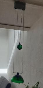 2 Groene glazen hanglampen  met contragewicht, Ophalen, Gebruikt, Vintage, Retro, Verstelbaar, Glas