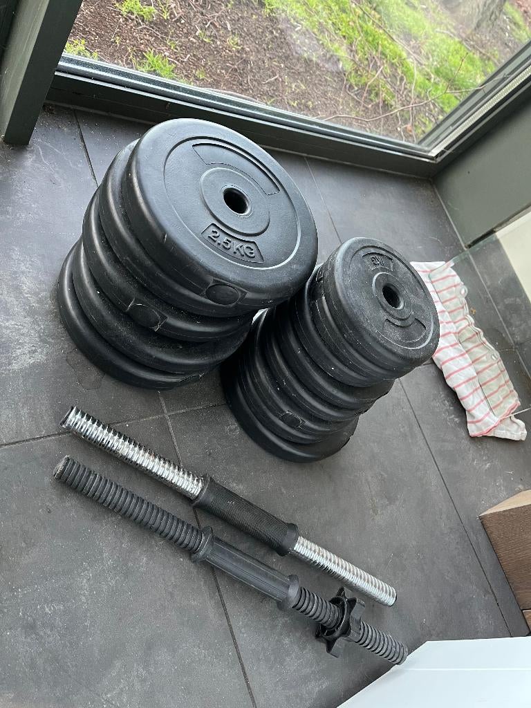 Halterset dumbbelset halterschijven stangen gewichten, Sport en Fitness, Fitnessmaterialen, Ophalen, Gebruikt, Halterset