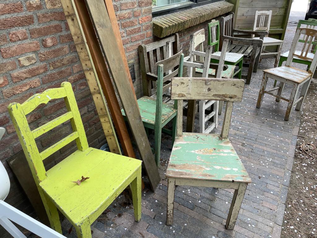 Houten schoolstoeltjes, teakhouten bank, 2 teakhoutenstoelen, Ophalen, Gebruikt, Hout
