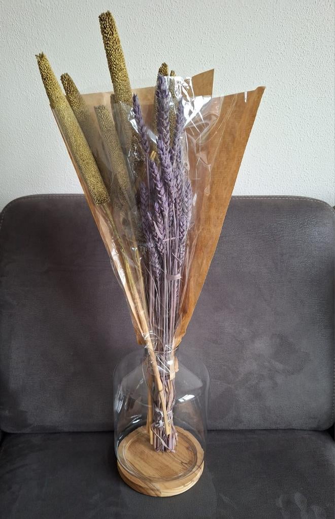 Glazen vaas met droogbloemen, Overige kleuren, Ophalen of Verzenden, Minder dan 50 cm, Glas