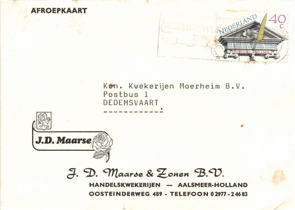 J.D. Maarse + Zonen BV, Aalsmeer - 10.1979 - afroepkaart, Postzegels en Munten, Brieven en Enveloppen | Nederland, Ophalen of Verzenden
